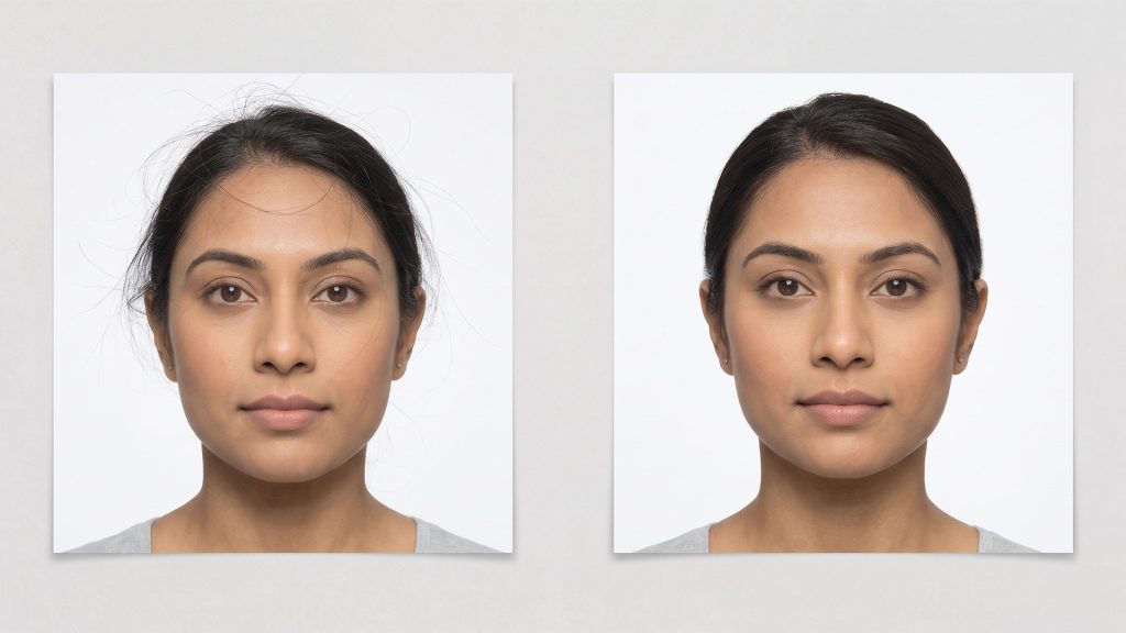 How to take a good passport photo: comparison of flyaway hair vs neatly combed hair for biometric compliance.