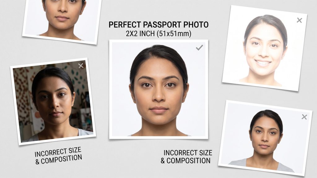 How to take a good passport photo: comparison of flyaway hair vs neatly combed hair for biometric compliance.